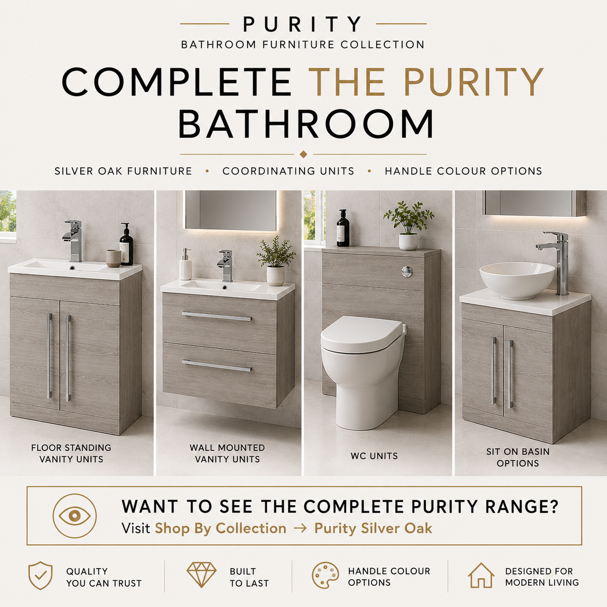 Kartell Purity Silver Oak bathroom furniture collection with vanity units, WC unit & sit on basin options