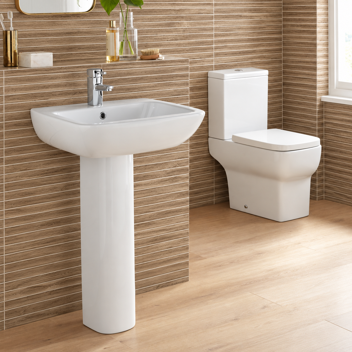 Kavara Korsika 4 piece bathroom suite with pedestal basin and close coupled toilet against wood-look tiles