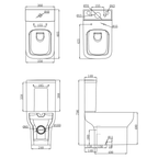 Technical drawing showing multiple views and installation dimensions of the Korsika toilet