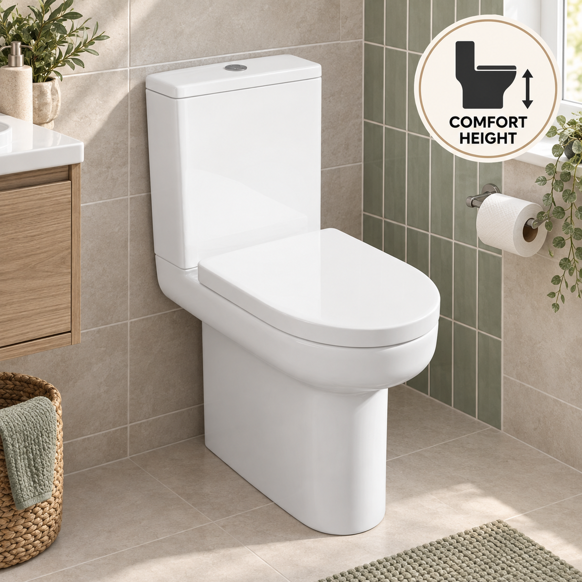 Kavera Bijou comfort height close coupled toilet in a compact tiled bathroom
