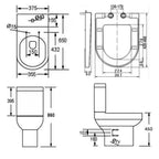 Technical drawing showing dimensions of the Kavera Bijou close coupled toilet