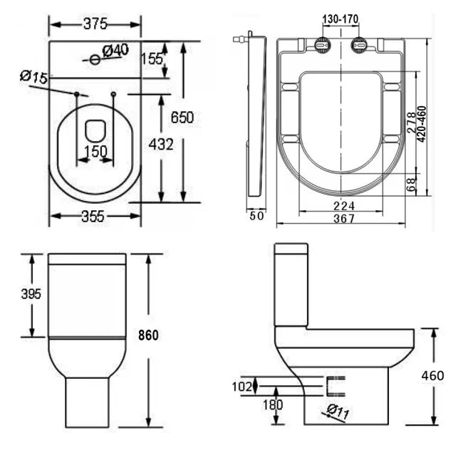 Technical drawing showing dimensions of the Kavera Bijou close coupled toilet