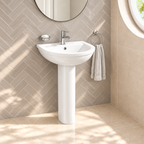 Kavera Bijoux 550mm basin and full pedestal against herringbone tiles
