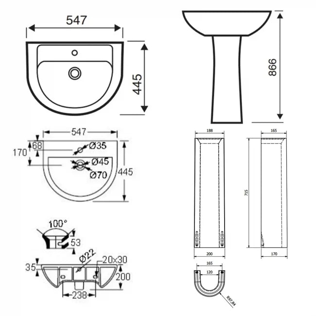 Technical dimension drawing of the Bijoux basin and pedestal