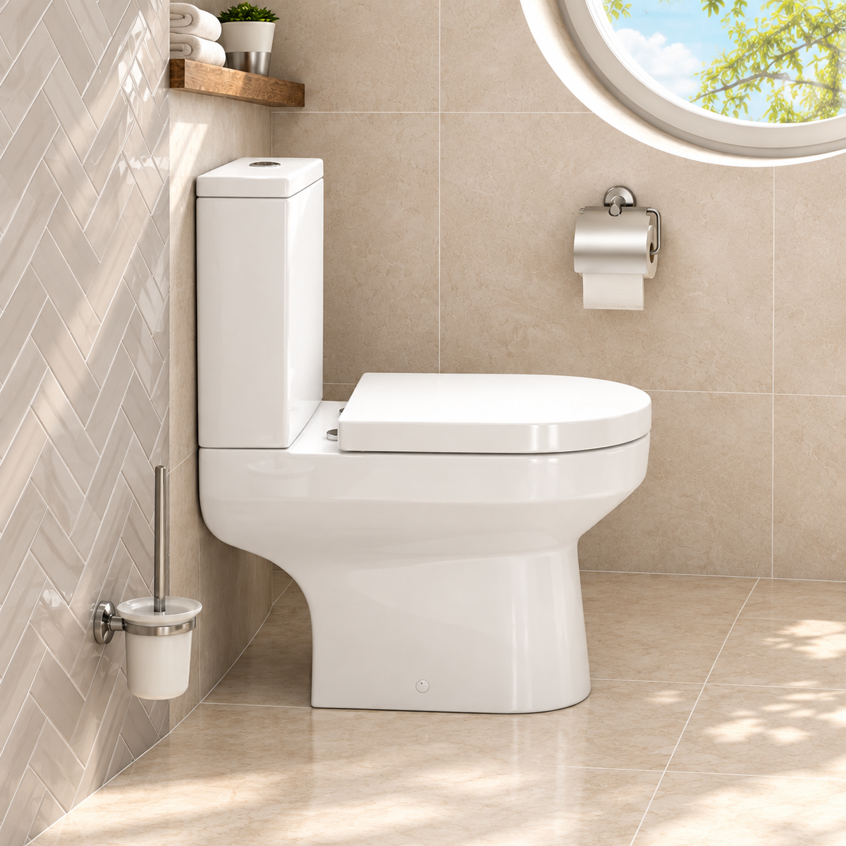 Side view of the Kavera Bijoux close coupled toilet in a tiled bathroom