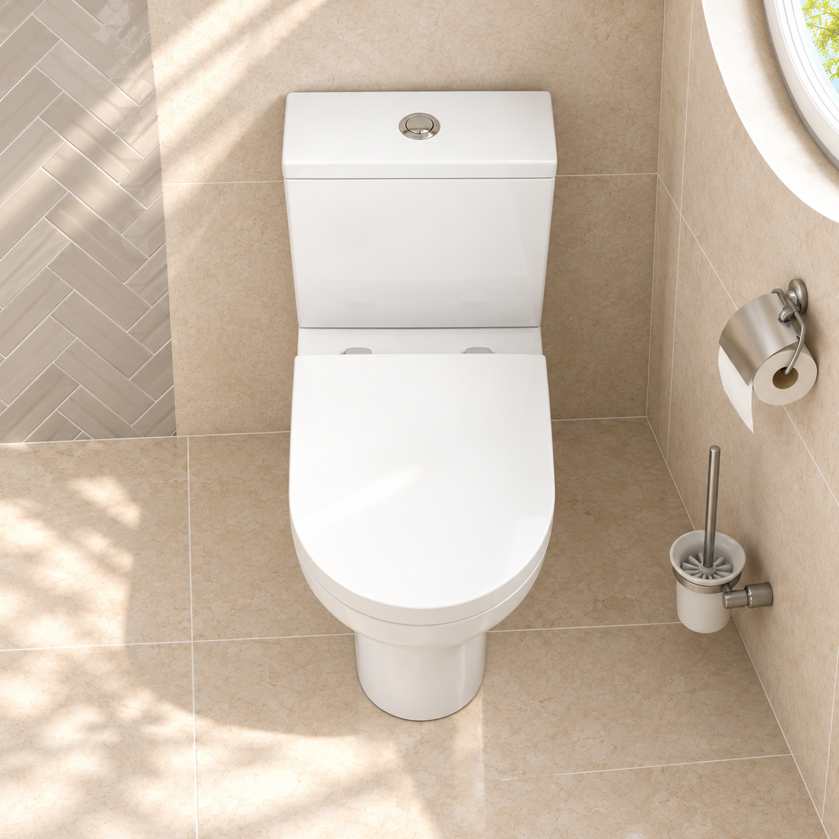 Top view of the Kavera Bijoux close coupled toilet with soft close seat