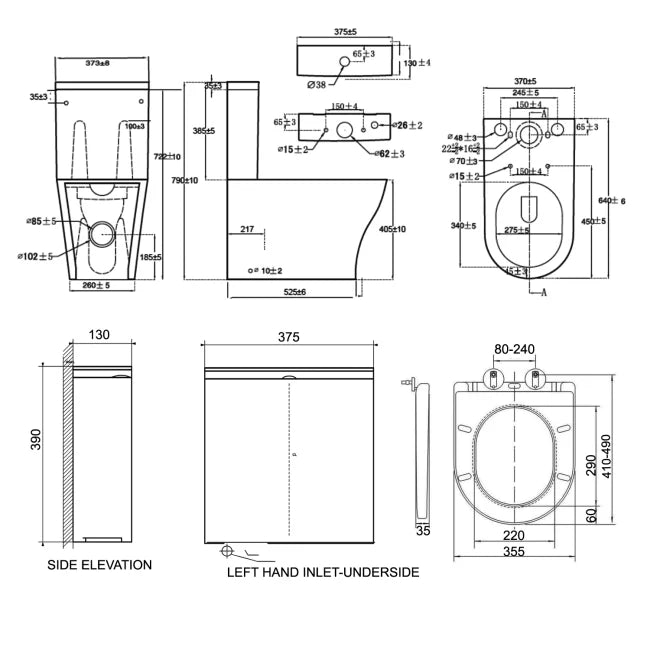 Kavera Kameo 640mm close to wall toilet technical dimensions