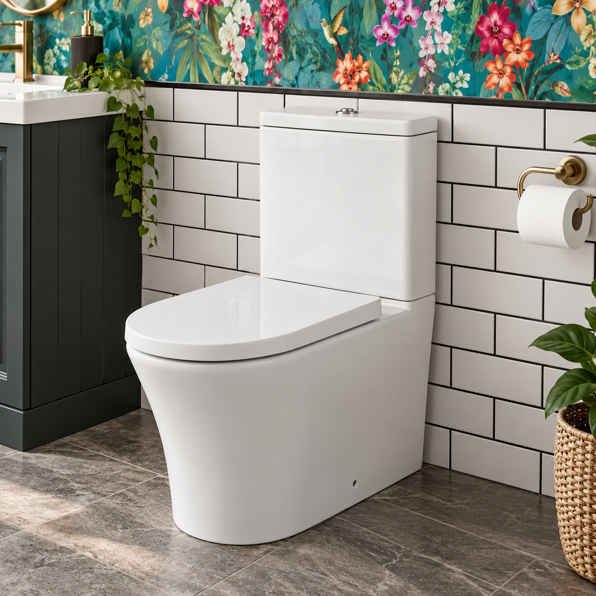 Kavera Kameo 640mm rimless close to wall toilet in modern blue tiled bathroom