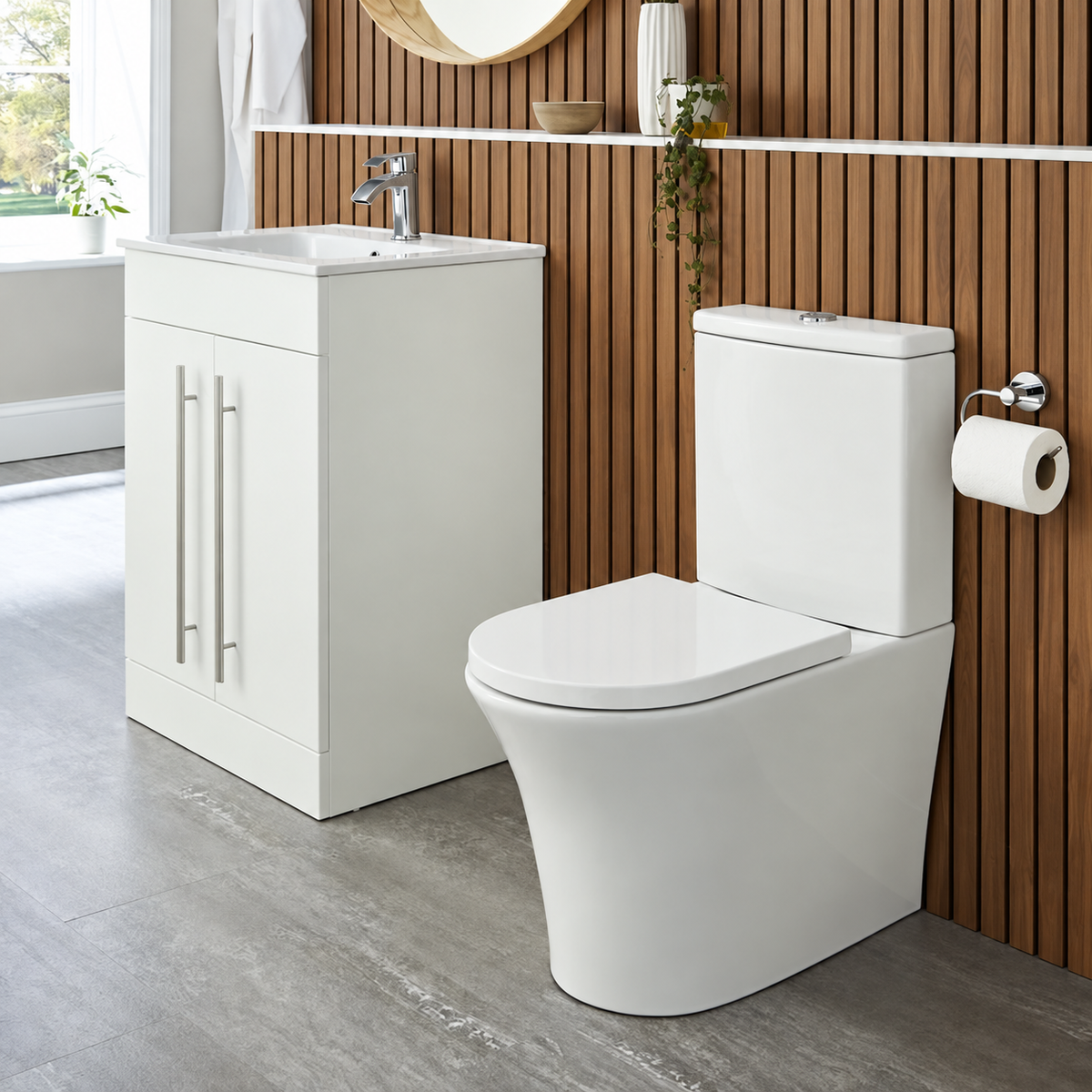 Kavera Kameo 640mm rimless close to wall toilet with walnut slat feature wall