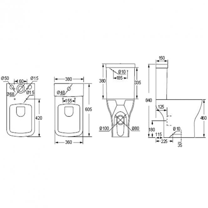 Technical dimension drawing of the Kavera Primo Square comfort height toilet