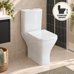 Kavera Primo Square comfort height toilet in a modern ensuite with black tiles and vanity