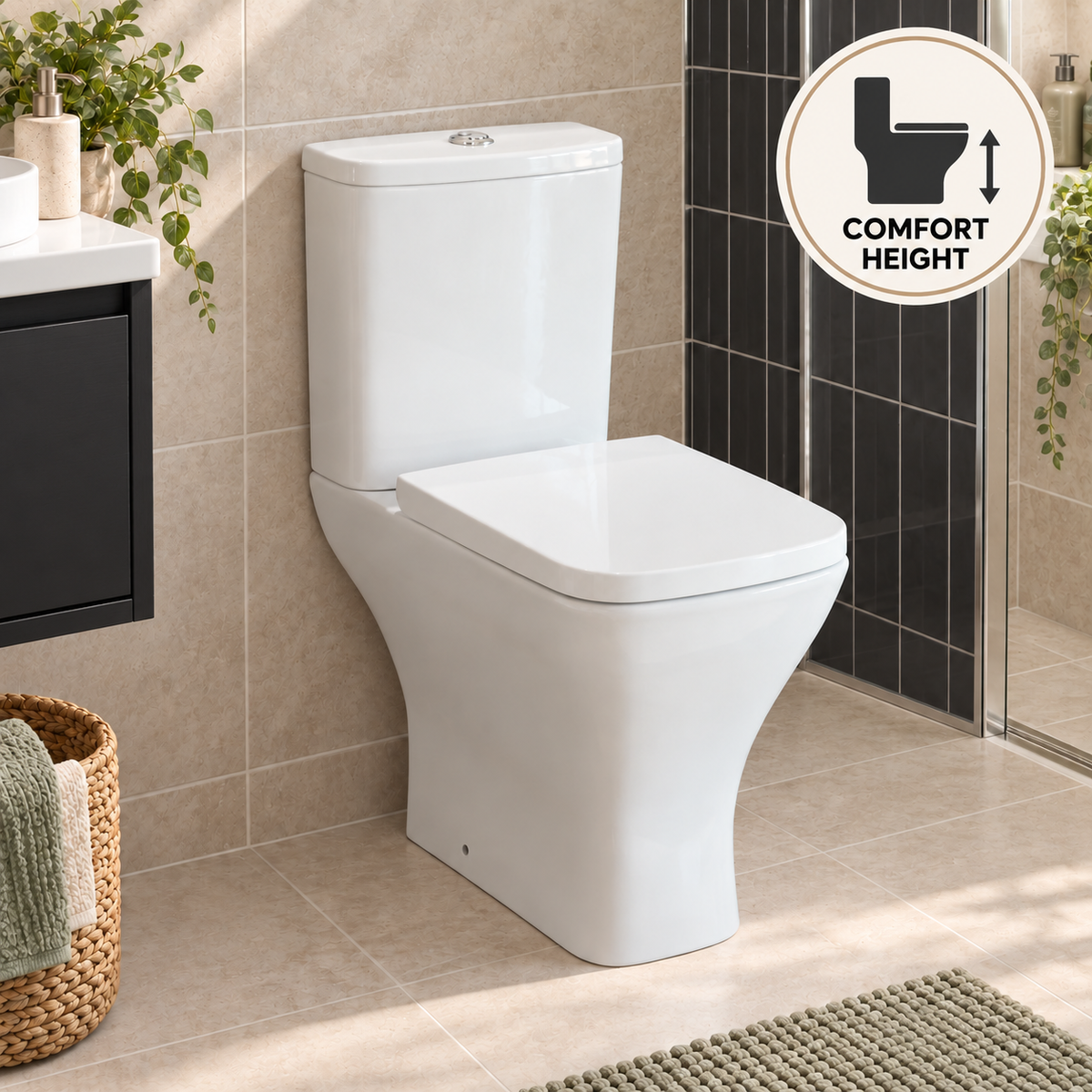 Kavera Primo Square comfort height toilet in a modern ensuite with black tiles and vanity