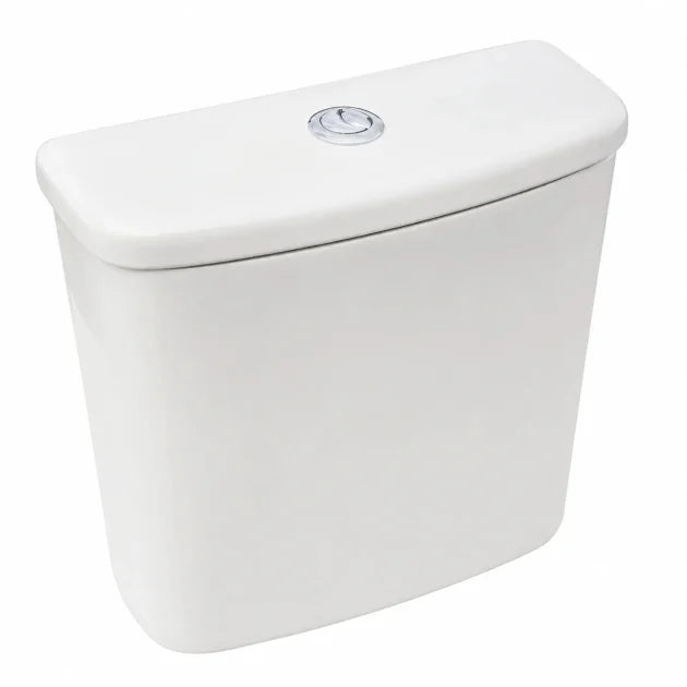 White Primo Square close coupled toilet cistern with top flush button