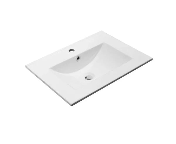White 610mm ceramic vanity basin with one tap hole and overflow