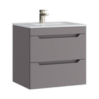 Keldon 600mm Slate Grey wall hung vanity unit showing two handleless drawers and ceramic basin