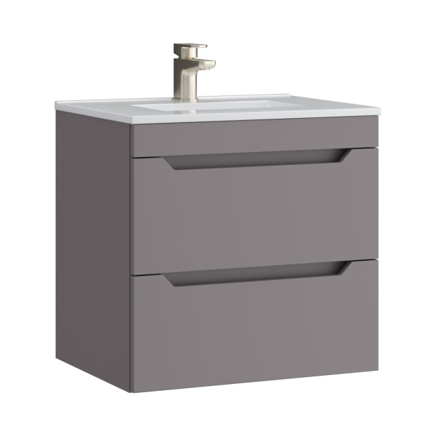 Keldon 600mm Slate Grey wall hung vanity unit showing two handleless drawers and ceramic basin