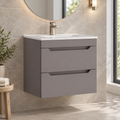 Keldon Slate Grey wall hung two drawer vanity unit with ceramic basin in a light tiled bathroom