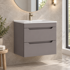 Keldon Slate Grey wall hung two drawer vanity unit with ceramic basin in a light tiled bathroom