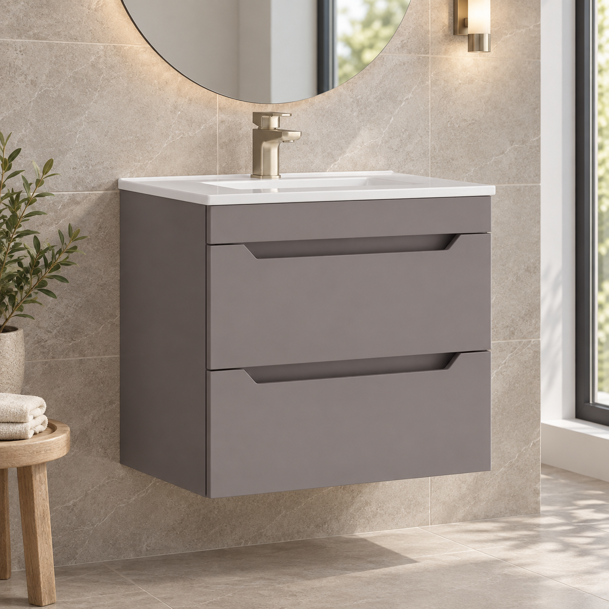 Keldon Slate Grey wall hung two drawer vanity unit with ceramic basin in a light tiled bathroom