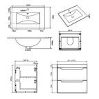 Technical drawing showing the dimensions of the Keldon wall hung vanity unit and ceramic basin