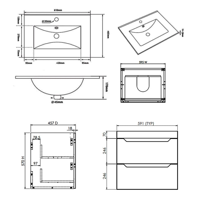 Technical drawing showing the dimensions of the Keldon wall hung vanity unit and ceramic basin