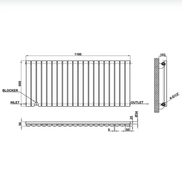 Black Horizontal Oval Column Radiator 600 x 1180mm – Single / Double