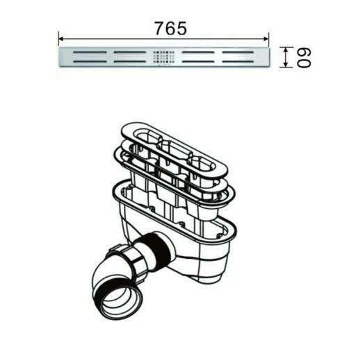 Technical diagram showing dimensions of linear shower tray waste system