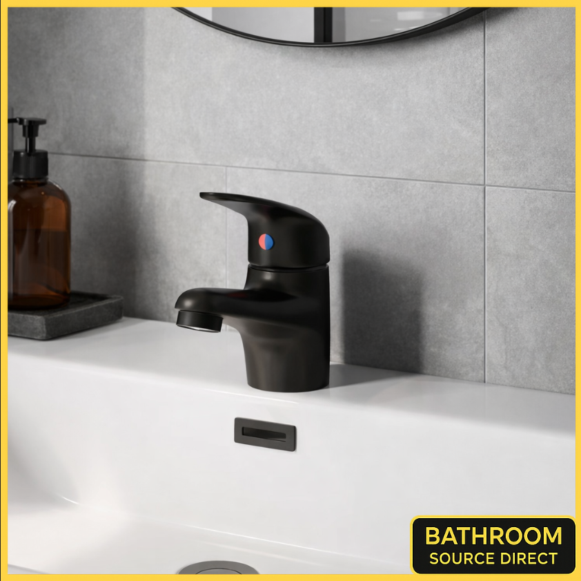Loop matt black mono basin mixer tap with single lever handle on modern basin