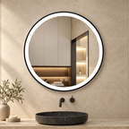 LumeEdgeLux 600mm round LED bathroom mirror with black frame above a black basin