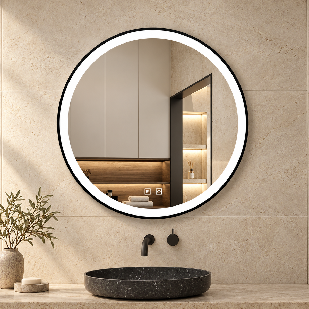 LumeEdgeLux 600mm round LED bathroom mirror with black frame above a black basin