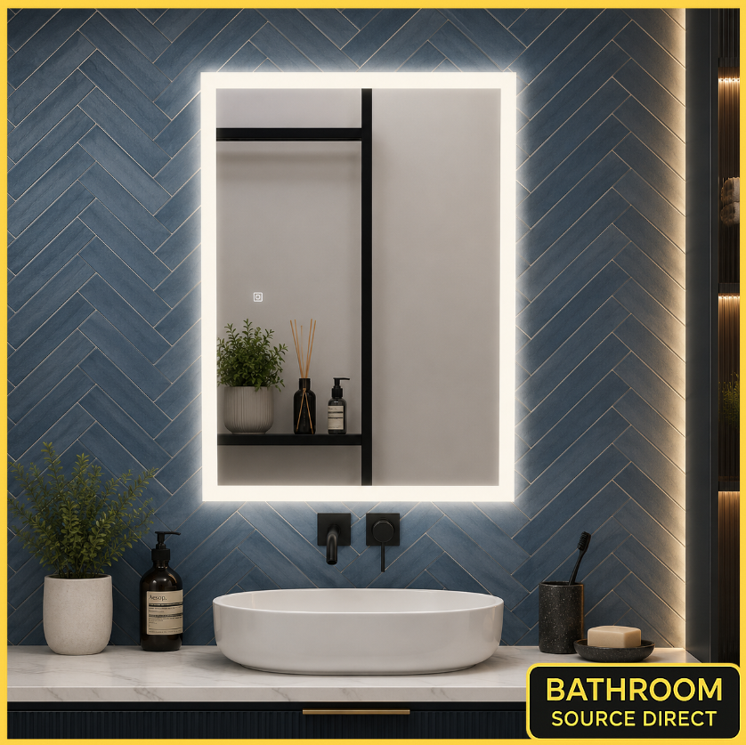 LumeEdgeLux 600x800 backlit LED bathroom mirror with blue herringbone tiles