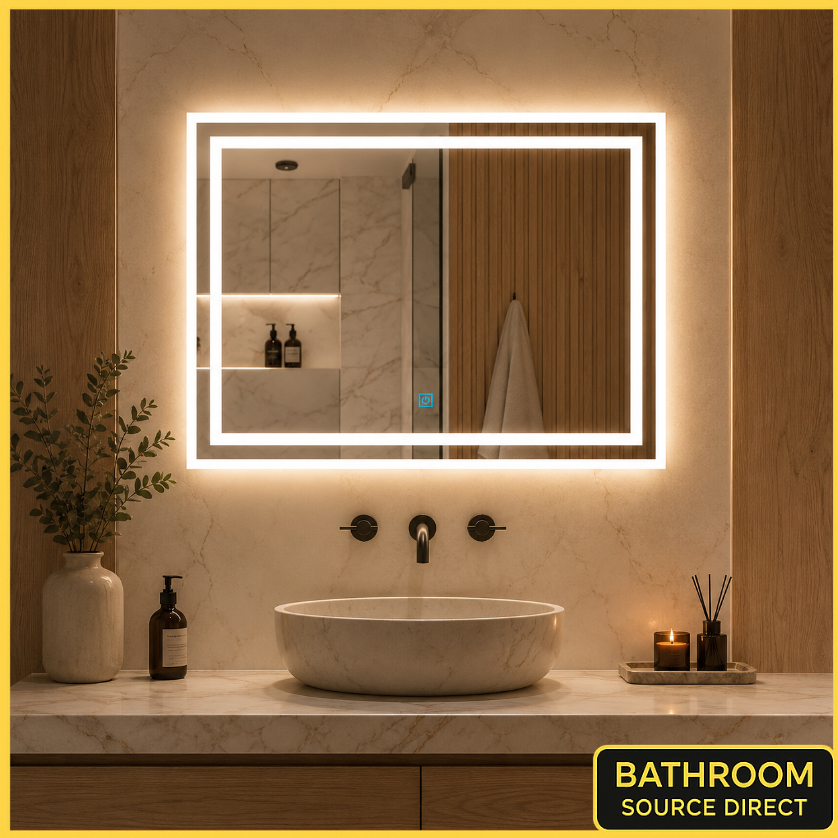 LumeEdgeLux 600x800 backlit LED bathroom mirror with demister and shaver socket in modern marble bathroom