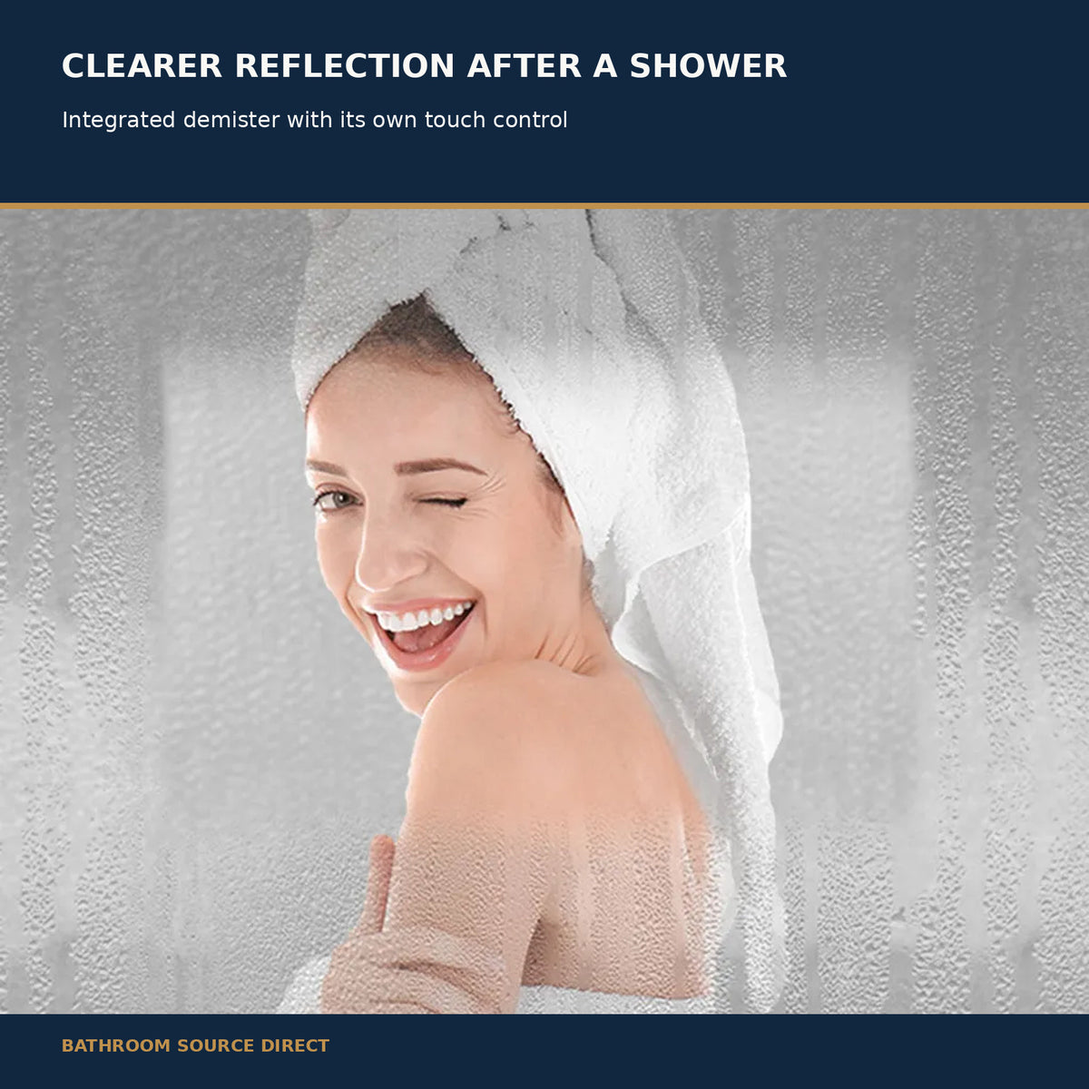 Bathroom mirror demister feature illustrated on a steamed-up mirror