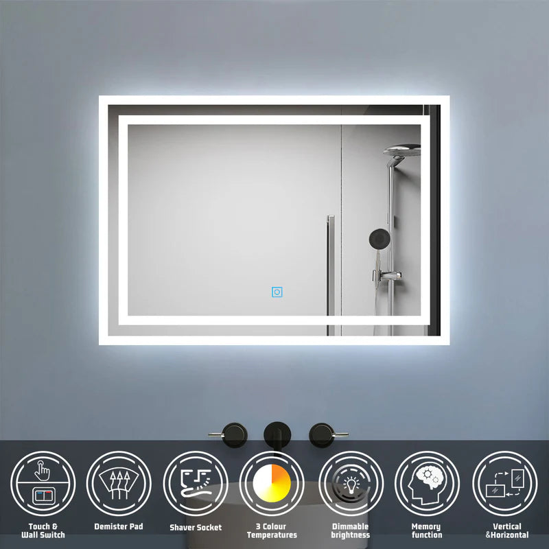 LumeEdgeLux LED bathroom mirror showing dimmable lighting demister pad and shaver socket features