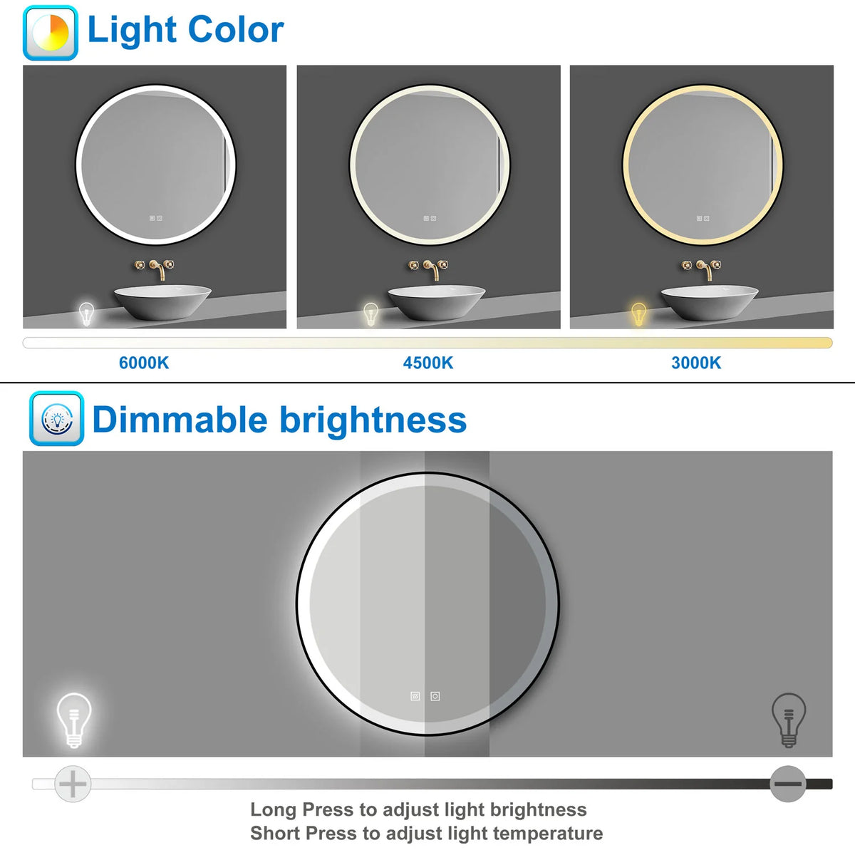 Comparison of warm, neutral and cool white lighting on a round LED bathroom mirror