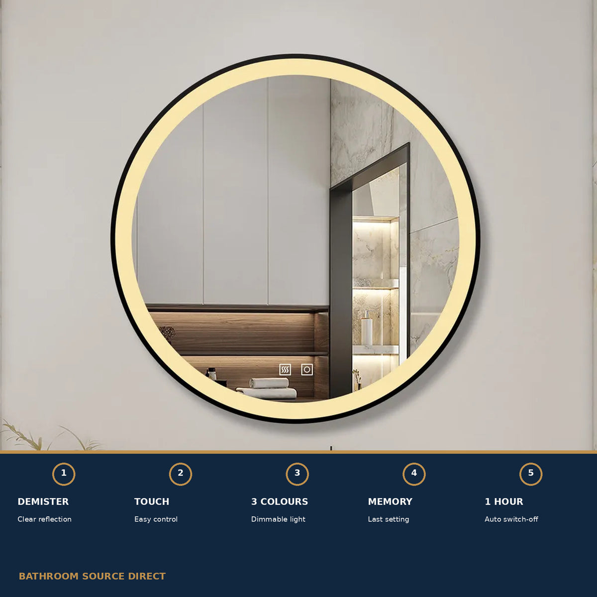 Round LED bathroom mirror showing demister, touch control, three light colours and light memory