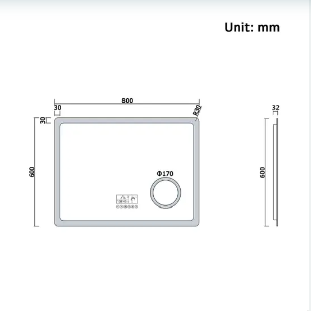 Dimensions drawing for LumeEdgeLux 800x600 LED bathroom mirror