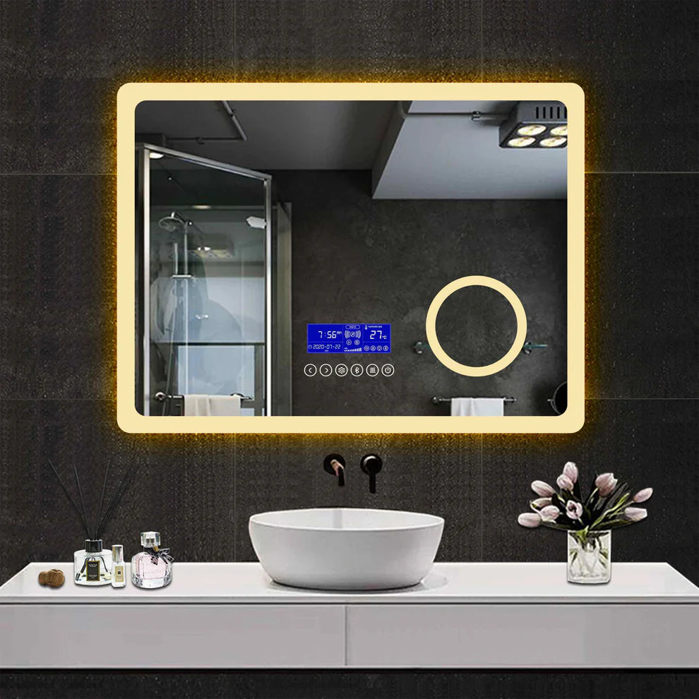 LumeEdgeLux LED bathroom mirror with warm ambient lighting and demister