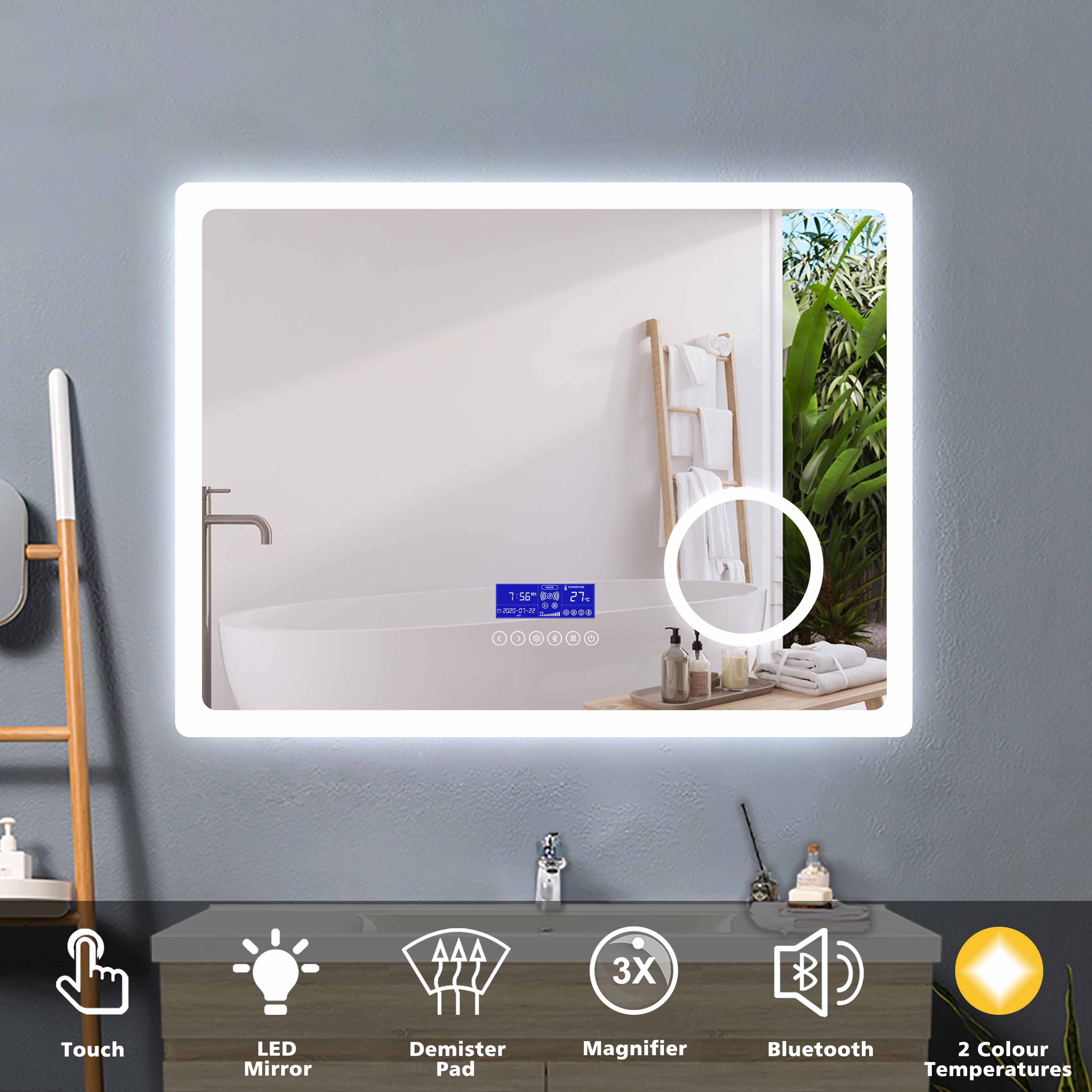 Touch sensor controls on LumeEdgeLux smart LED bathroom mirror