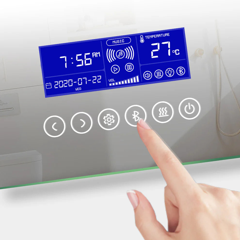 Touch sensor controls on LumeEdgeLux smart LED bathroom mirror
