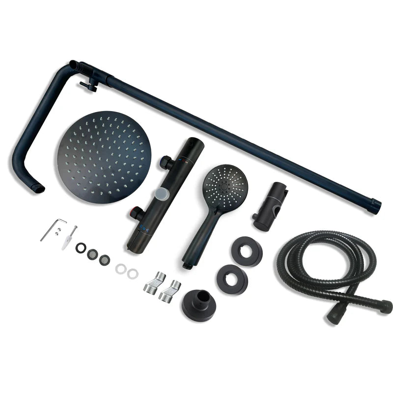 Matt black round thermostatic shower riser kit showing full components and fittings