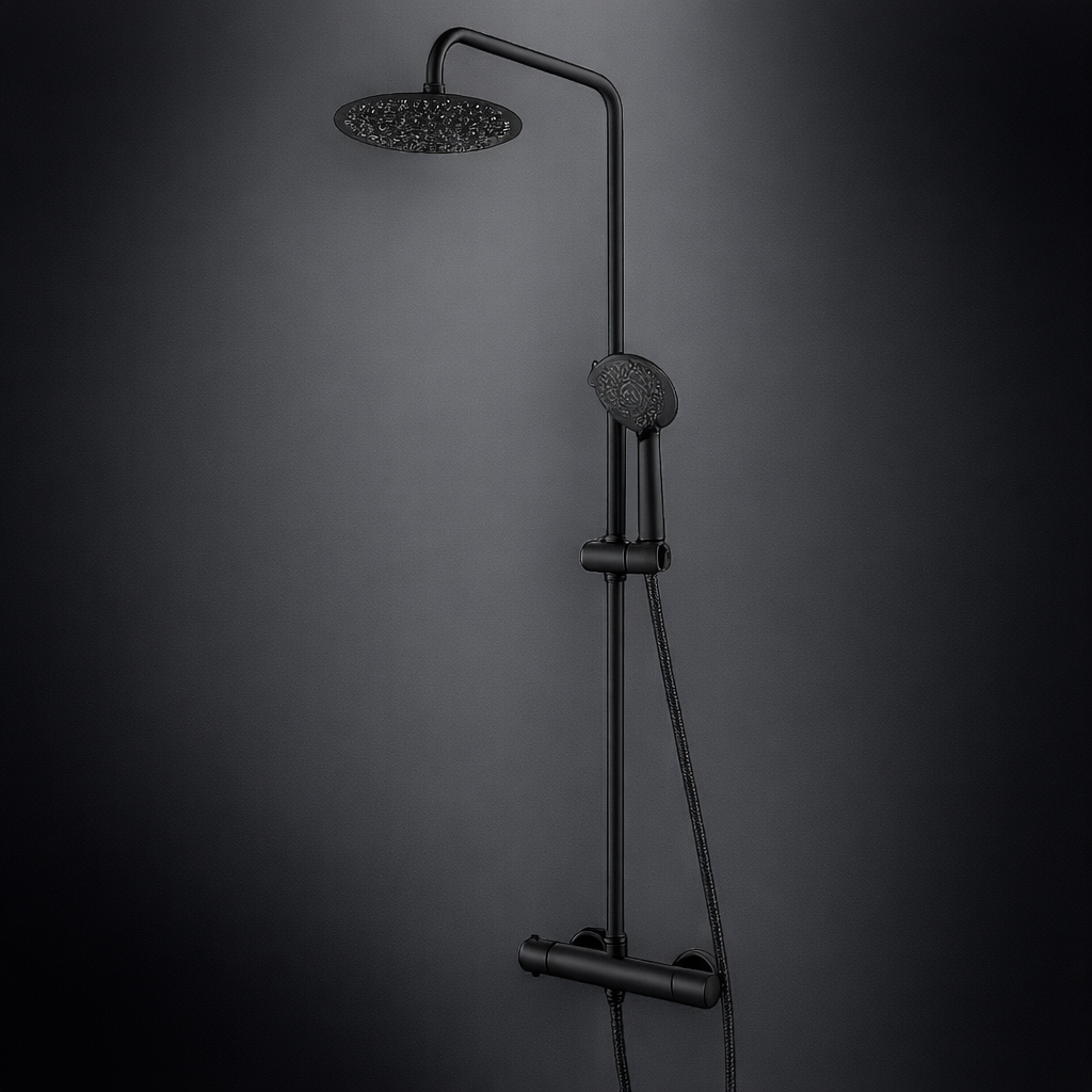 Matt black round shower riser kit with rainfall head shown against dark background