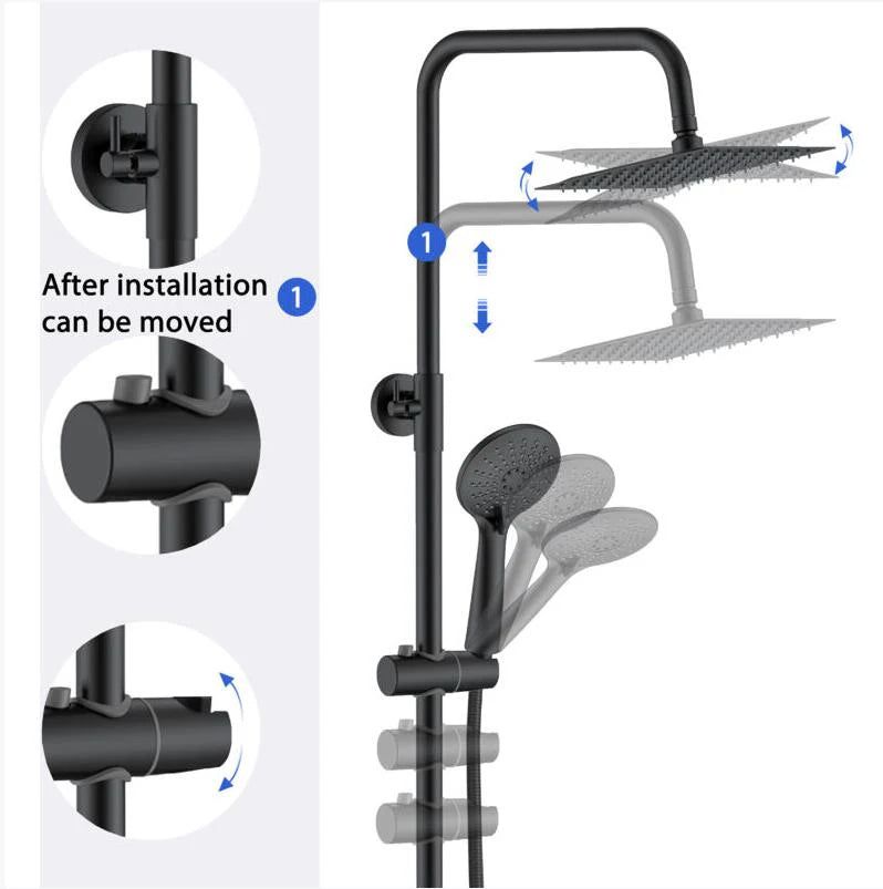 Thermostatic bar valve and handset detail on matt black shower riser kit