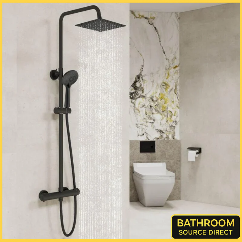 Nera thermostatic shower riser kit with square drencher head in matt black modern bathroom
