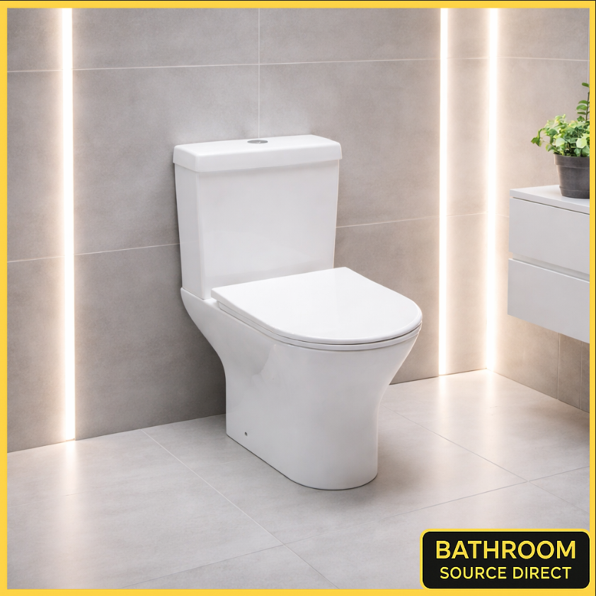 Modern close coupled toilet 600mm short projection soft close seat in grey tiled bathroom with LED lighting