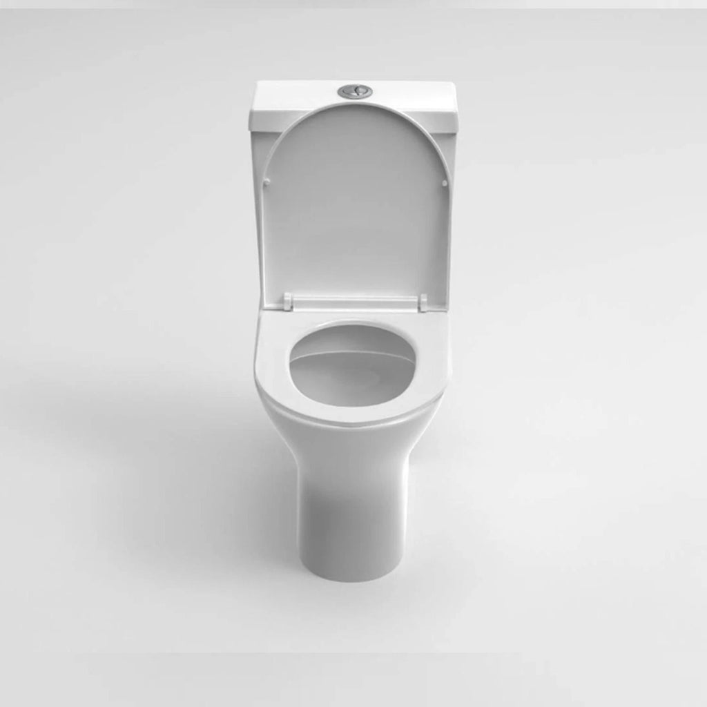 Close coupled toilet with soft close seat open showing bowl design