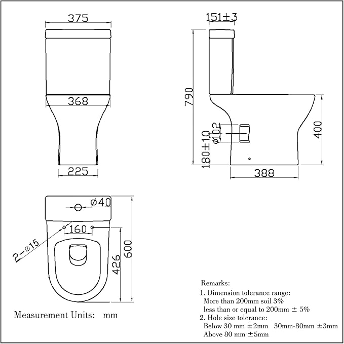 Close coupled toilet dimensions drawing 600mm projection 375mm width 790mm height