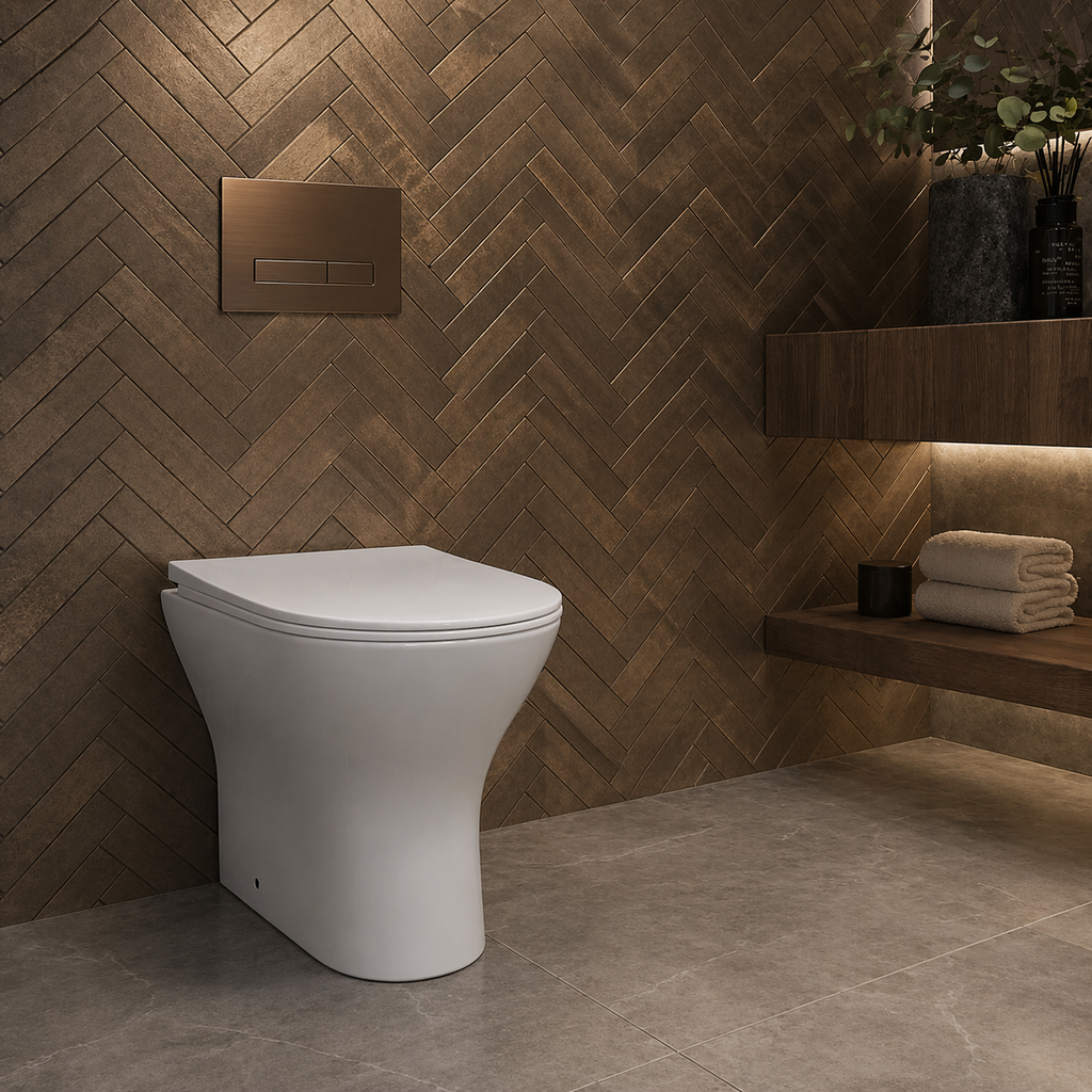Oakham Chic back to wall toilet with bronze herringbone wall tiles and concealed flush plate