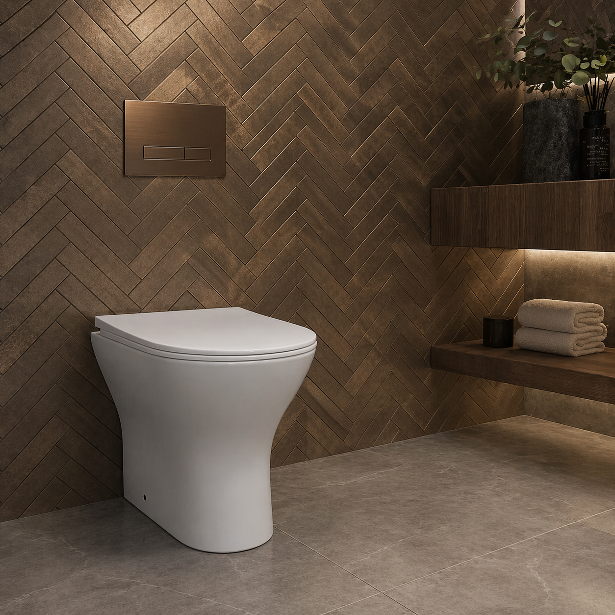 Oakham Chic back to wall toilet with bronze herringbone wall tiles and concealed flush plate