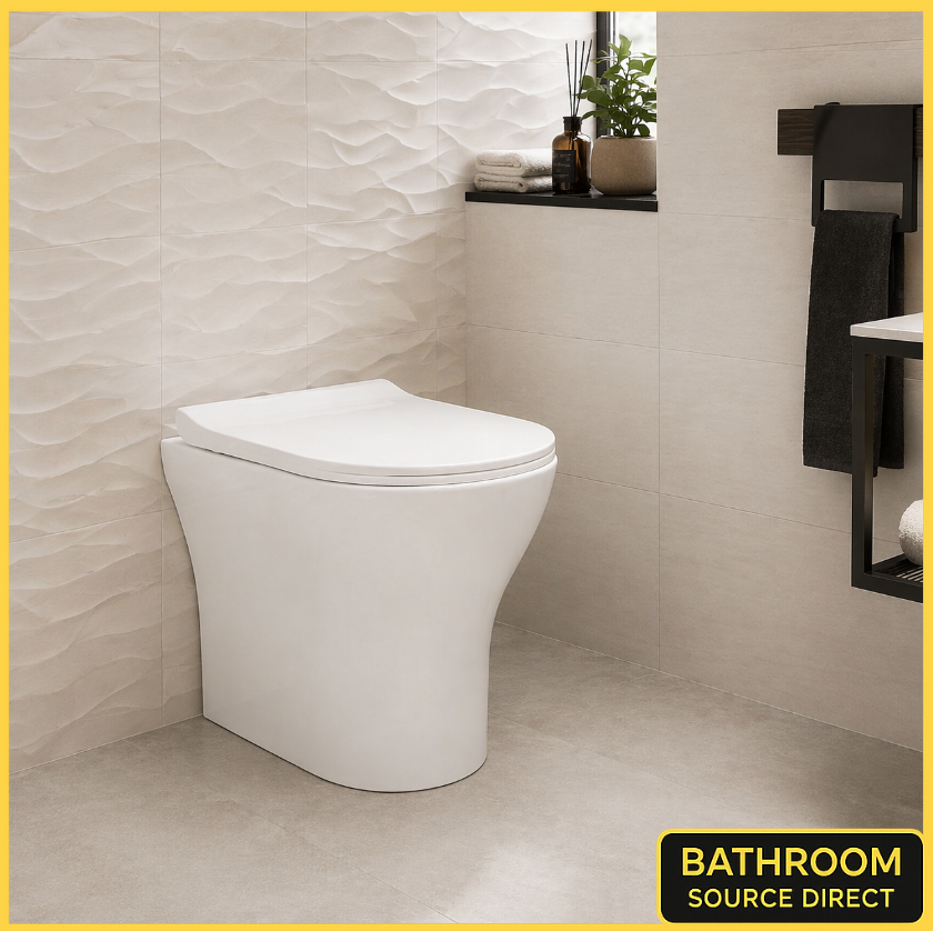 Oakham Chic back to wall toilet with soft close seat in modern cream tiled bathroom